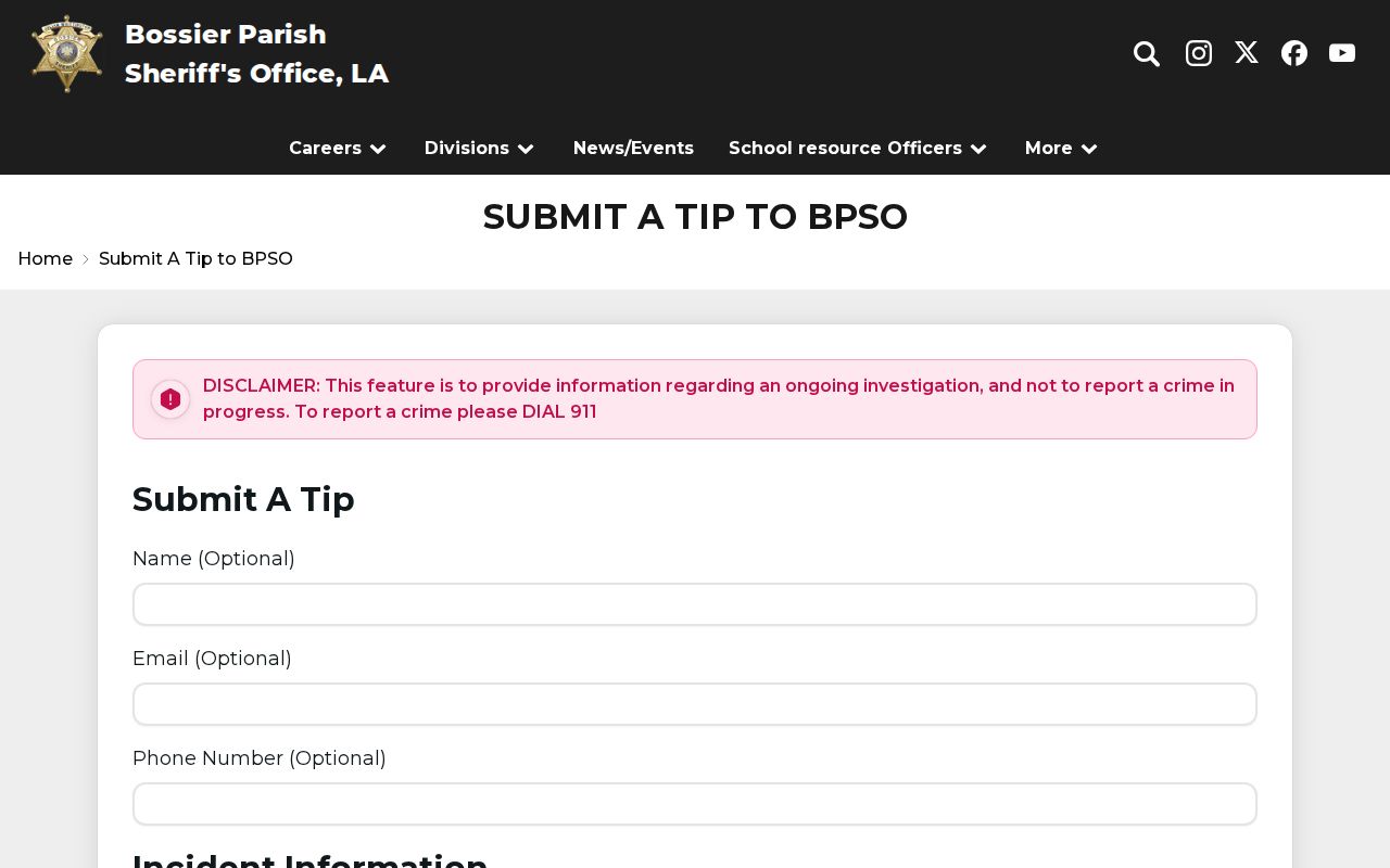 Bossier Parish wanted-fugitive tip record interface