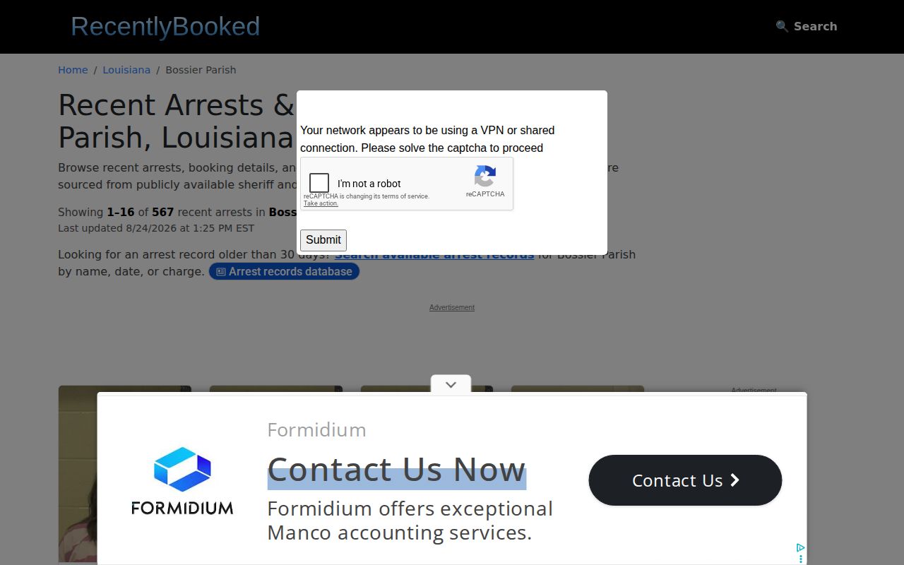 RecentlyBooked Bossier Parish third-party section interface